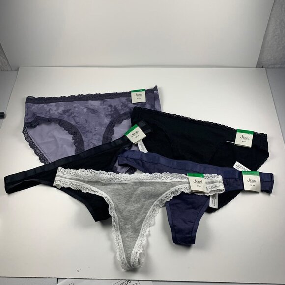 Jenni Women's 5-Pack Assorted Thong + Core Panty Lace‎ Trim Underwear Size L NWT - Picture 1 of 9